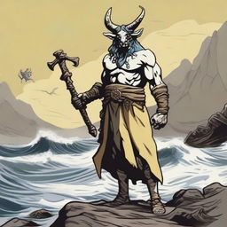 A D&D sea cultist with a slim body and Oni horns that resemble an ox's, colored in pale yellow and muddy tones