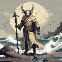 A D&D sea cultist with a slim body and Oni horns that resemble an ox's, colored in pale yellow and muddy tones