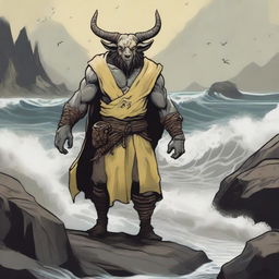 A D&D sea cultist with a slim body and Oni horns that resemble an ox's, colored in pale yellow and muddy tones