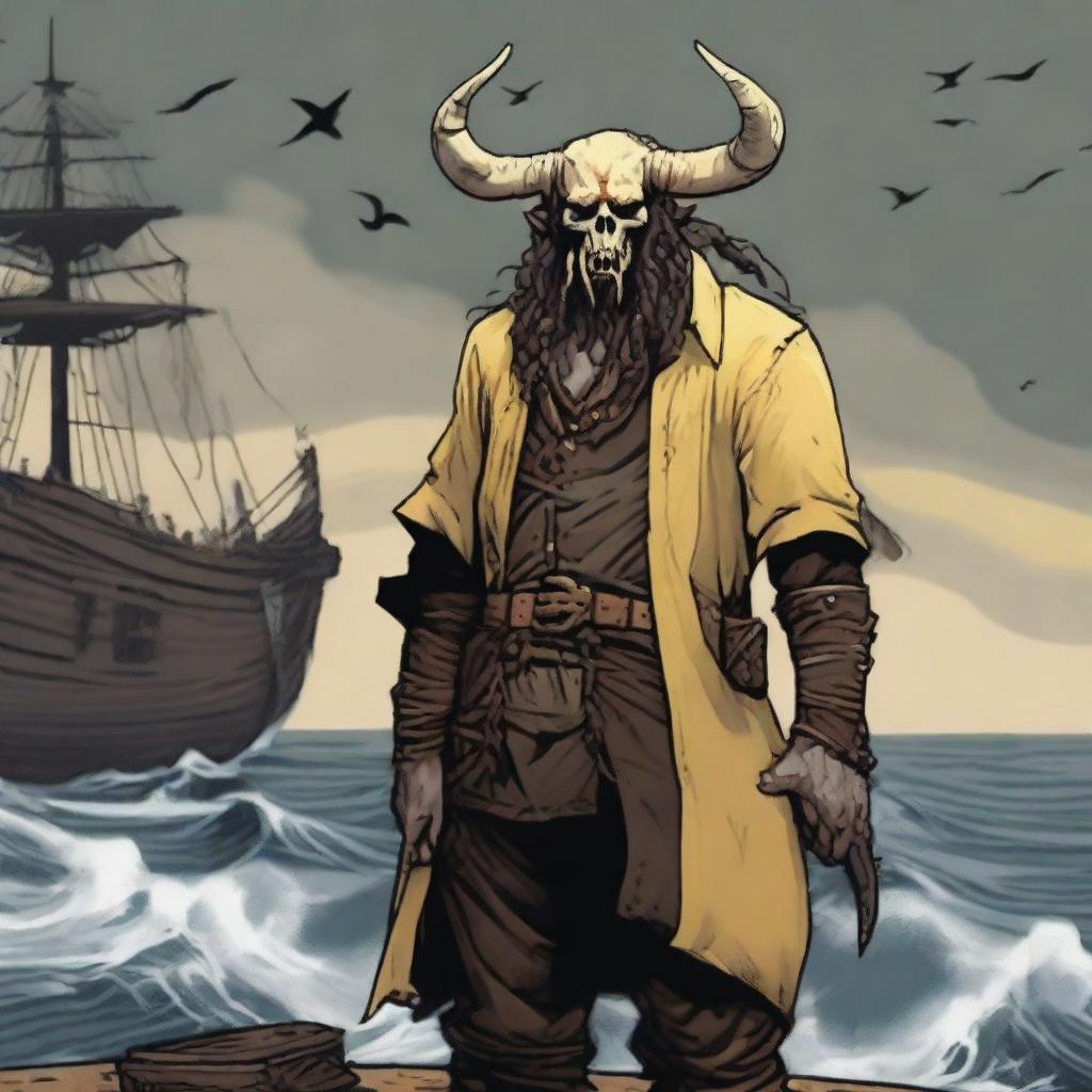 A D&D pirate cultist with a slim body and Oni horns that resemble an ox's, colored in pale yellow and muddy tones