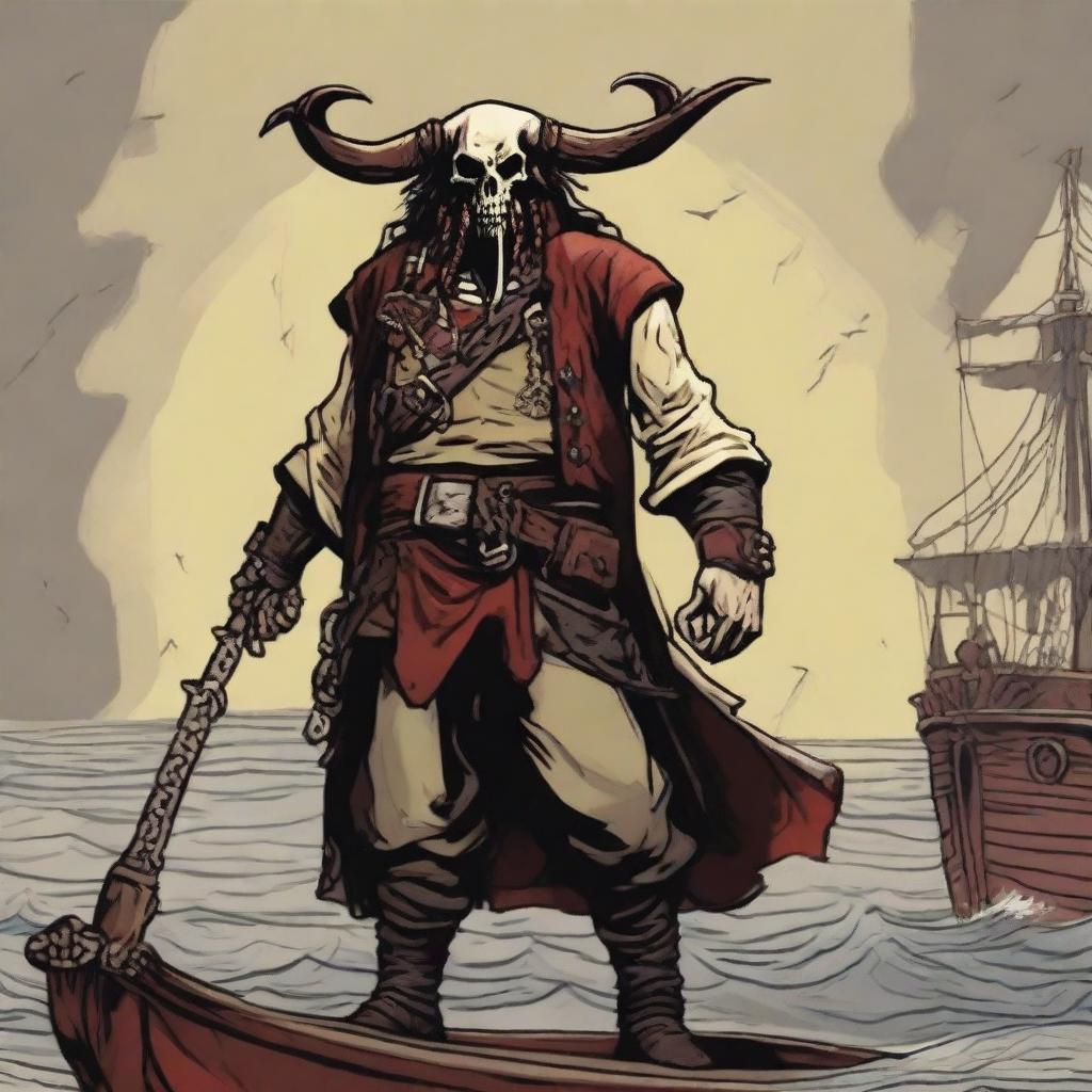 A D&D pirate cultist with a slim body and Oni horns that resemble an ox's, colored in pale yellow and muddy red