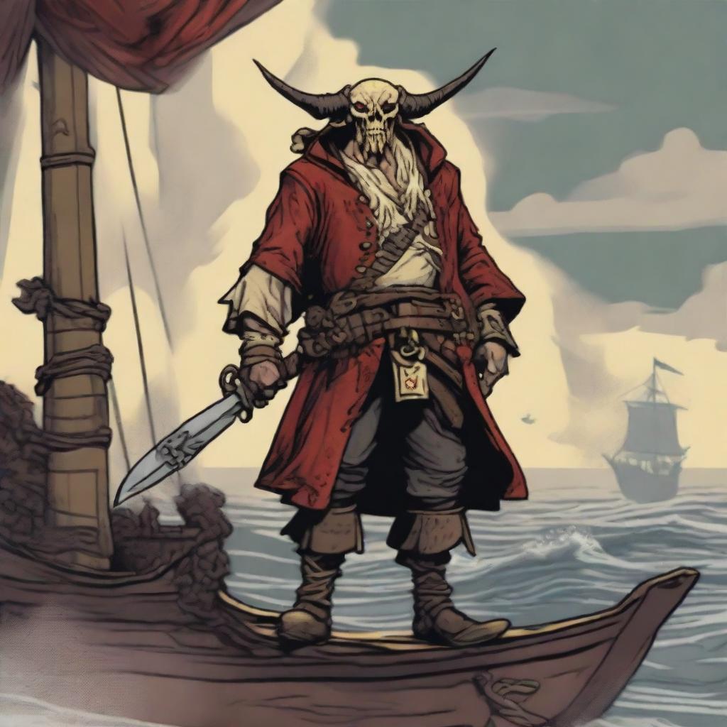 A D&D pirate with a slim body and Oni horns that resemble an ox's, colored in pale yellow and muddy red