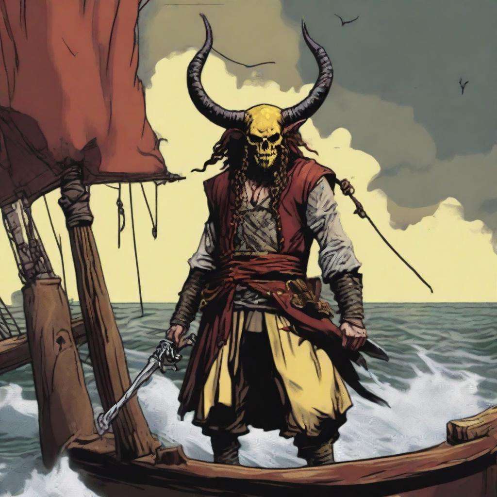 A D&D pirate with a slim body and Oni horns that resemble an ox's, colored in pale yellow and muddy red