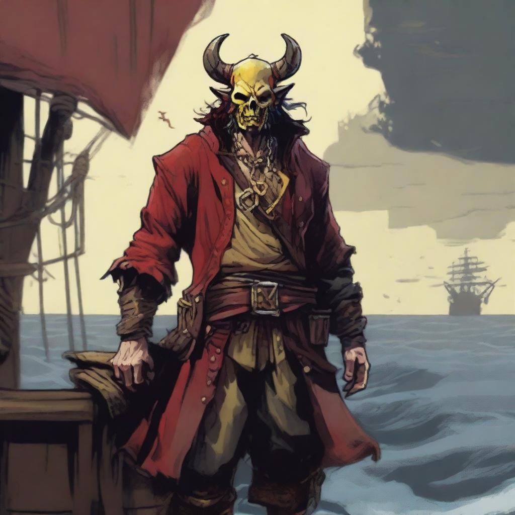 A D&D pirate with a slim body and Oni horns that resemble an ox's, colored in pale yellow and muddy red