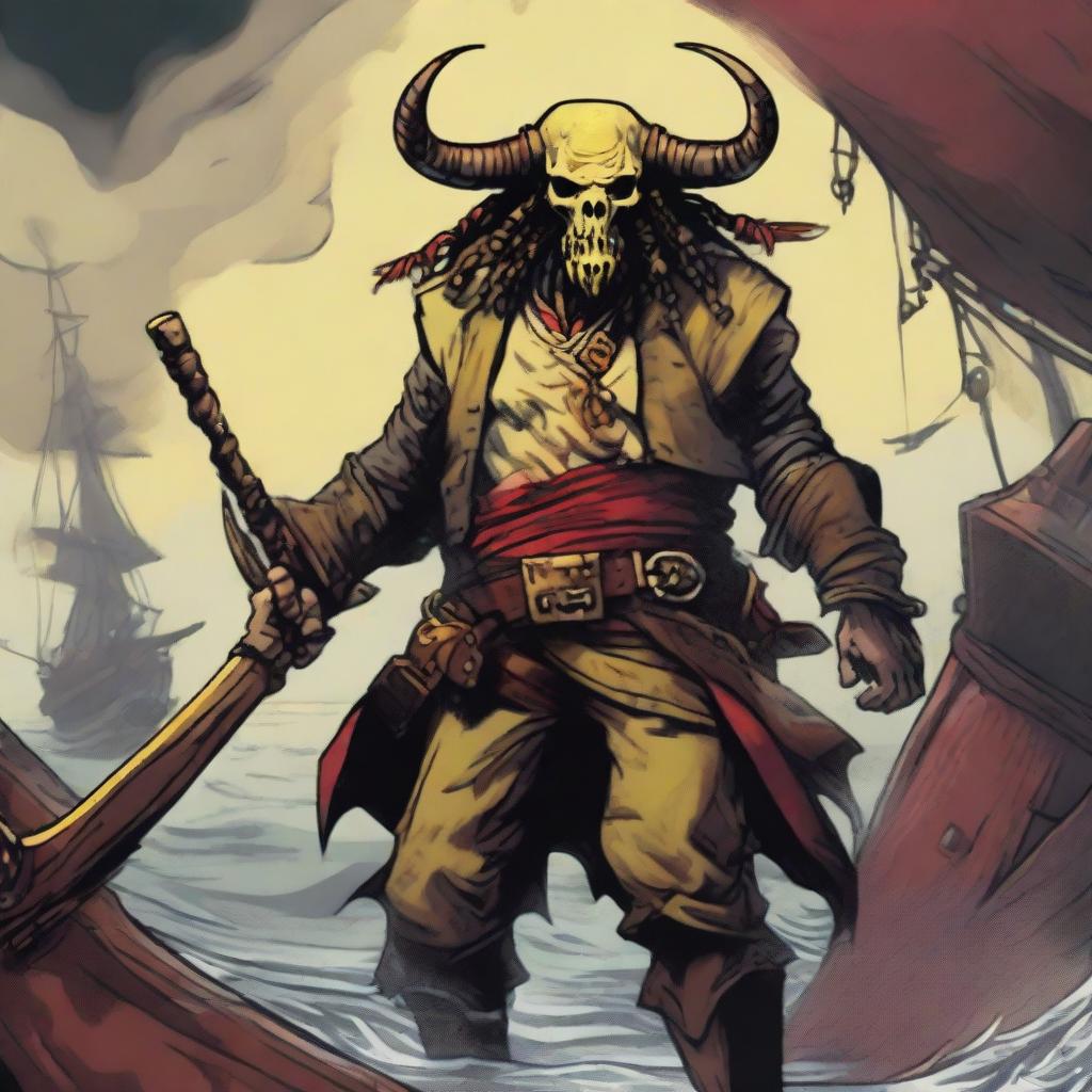 A D&D pirate with a slim body and Oni horns that resemble an ox's, colored in pale yellow and muddy red