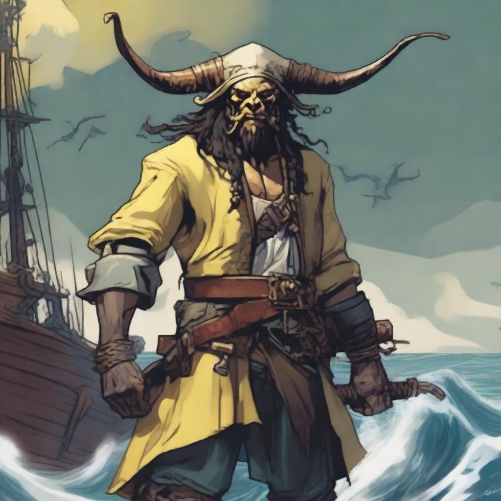 A D&D pirate with a slim body and Oni horns that resemble an ox's, colored in pale yellow
