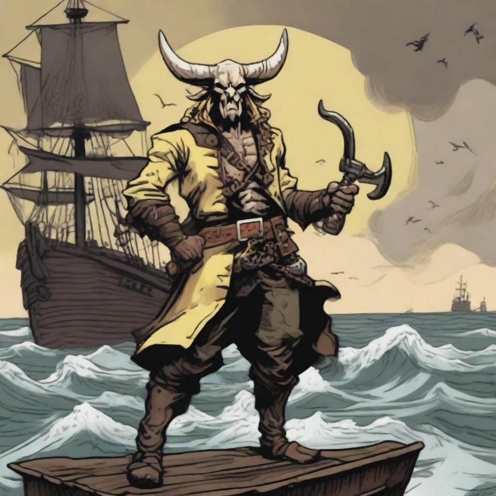 A D&D pirate with a slim body and Oni horns that resemble an ox's, colored in pale yellow and muddy hues