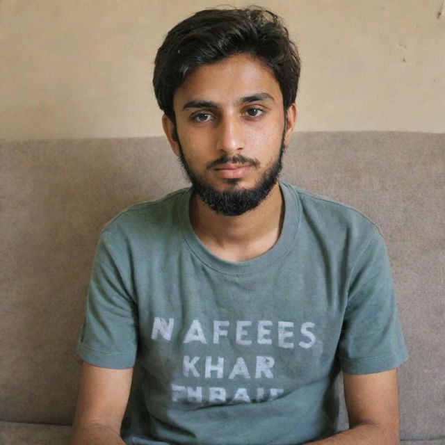 A 20 year old boy with a beard, sitting on a sofa. The name 'Nafees Khan' is written above him.