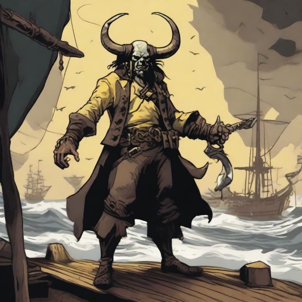 A D&D pirate with a slim body and Oni horns that resemble an ox's, colored in pale yellow and muddy hues