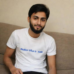 A 20 year old boy with a beard, sitting on a sofa. The name 'Nafees Khan' is written above him.