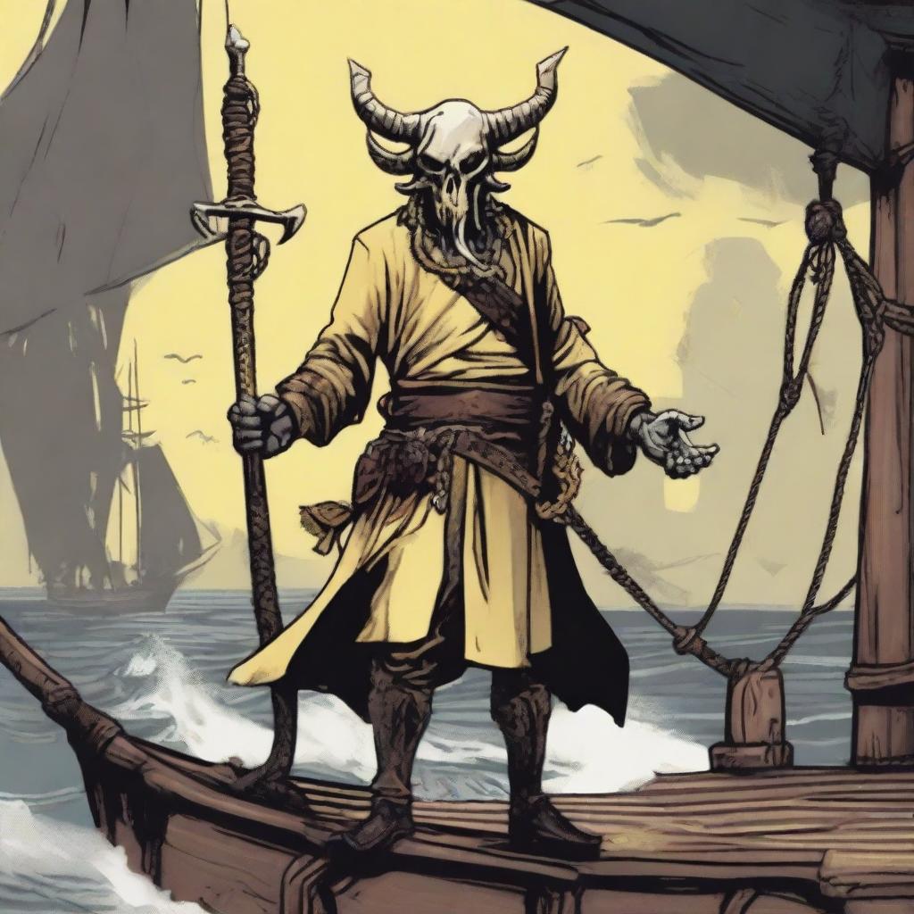 A D&D pirate cultist with a slim body and Oni horns that resemble an ox's, colored in pale yellow and muddy hues