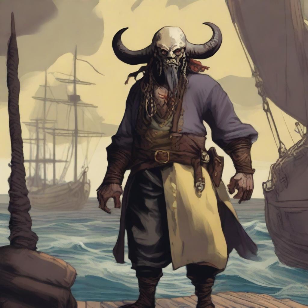 A D&D pirate with a regular face and slim body, featuring Oni horns that resemble an ox's