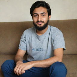 A 20 year old boy with a beard, sitting on a sofa. The name 'Nafees Khan' is written above him.