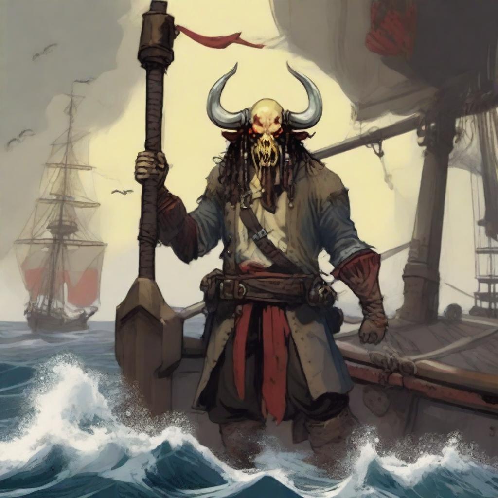A D&D pirate with a slim body and Oni horns that resemble an ox's, colored in pale yellow and red