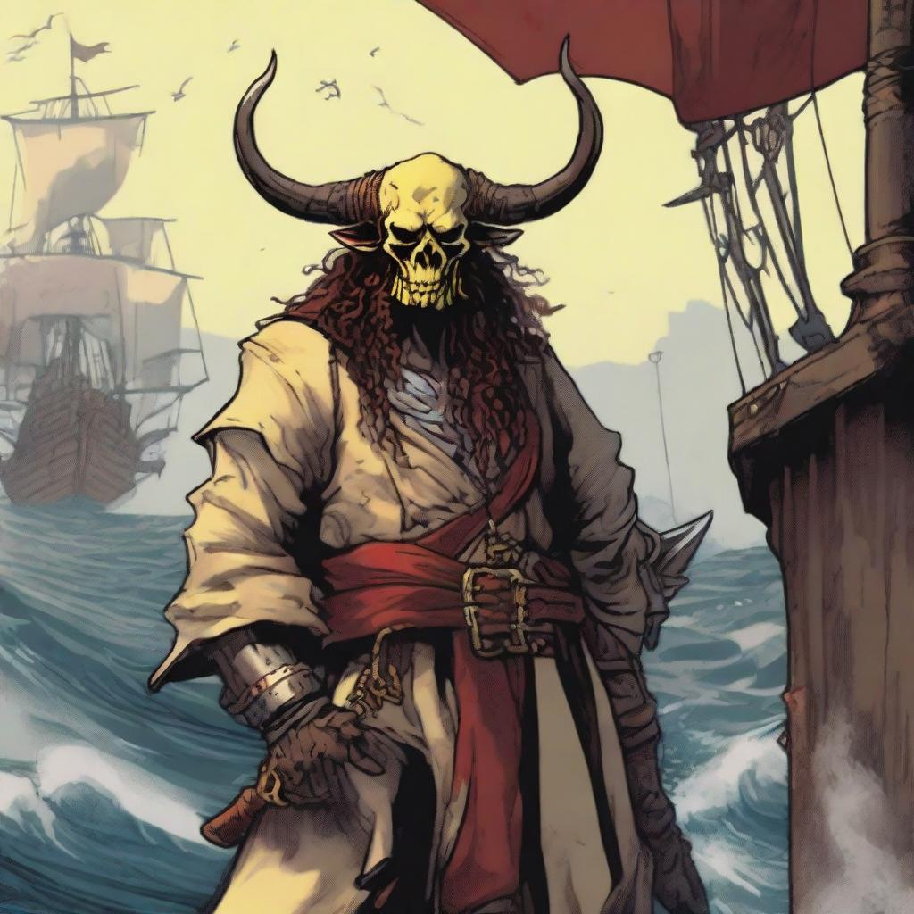 A D&D pirate with a slim body and Oni horns that resemble an ox's, colored in pale yellow and red