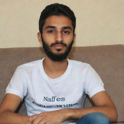 A 20 year old boy with a beard, sitting on a sofa. The name 'Nafees Khan' is written above him.