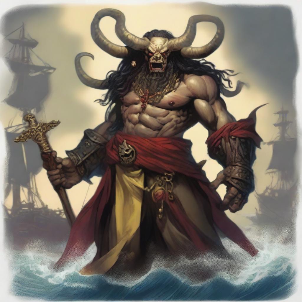 A D&D pirate deity with a regular face and slim body, featuring Oni horns that resemble an ox's