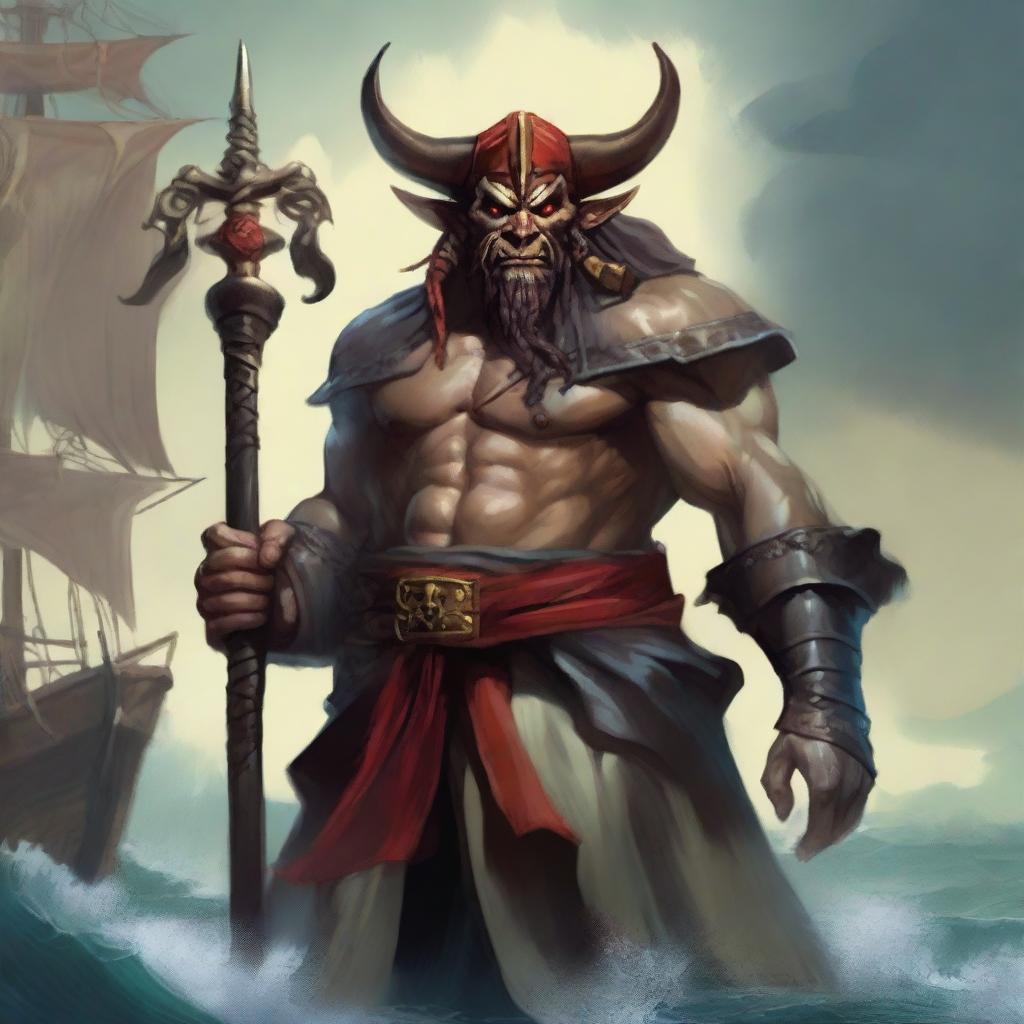 A D&D pirate deity with a regular face and slim body, featuring Oni horns that resemble an ox's