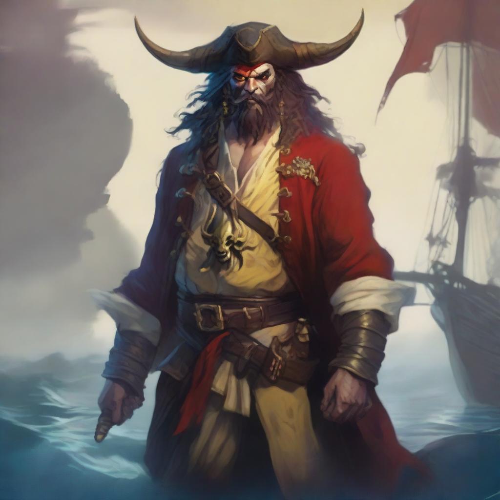 A D&D pirate with a regular face and slim body, featuring Oni horns that resemble an ox's, colored in pale yellow and red