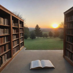 An image of a peaceful landscape at sunset, showing a quiet library filled with books about philosophy, science, culture, and humanities.