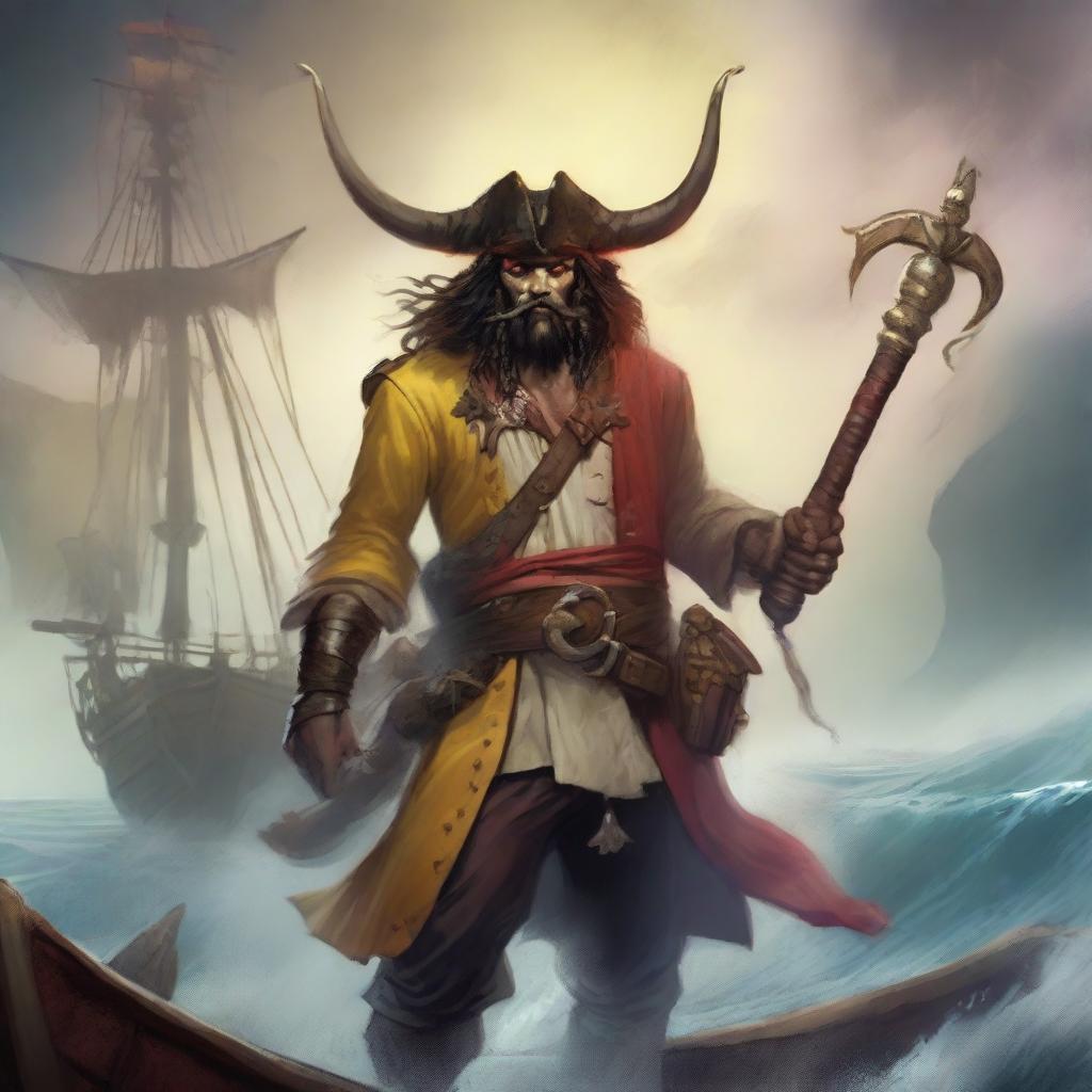 A mystical D&D pirate with a regular face and slim body, featuring Oni horns that resemble an ox's, colored in pale yellow and red