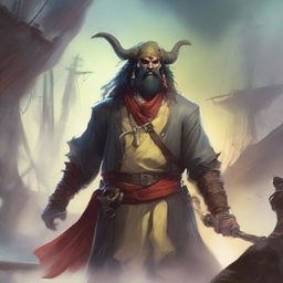 A mystical D&D pirate with a regular face and slim body, featuring Oni horns that resemble an ox's, colored in pale yellow and red