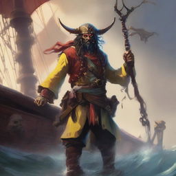 A mystical D&D pirate with a regular face and slim body, featuring Oni horns that resemble an ox's, colored in pale yellow and red