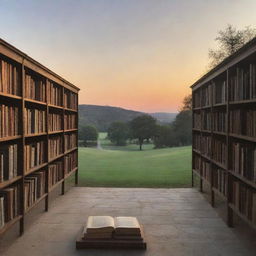 An image of a peaceful landscape at sunset, showing a quiet library filled with books about philosophy, science, culture, and humanities.