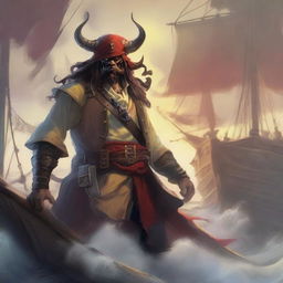 A mystical D&D pirate with a regular face and slim body, featuring Oni horns that resemble an ox's, colored in pale yellow and red