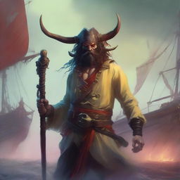 A mystical D&D pirate with a regular face and slim body, featuring Oni horns that resemble an ox's, colored in pale yellow and red