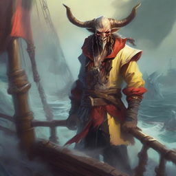 A mystical D&D pirate with a regular face and slim body, featuring Oni horns that resemble an ox's, colored in pale yellow and red