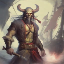 A mystical D&D pirate with a regular face and slim body, featuring Oni horns that resemble an ox's, colored in pale yellow and red
