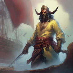 A mystical D&D pirate with a regular face and slim body, featuring Oni horns that resemble an ox's, colored in pale yellow and red