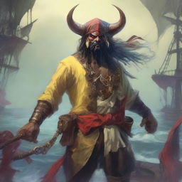 A mystical D&D pirate with a regular face and slim body, featuring Oni horns that resemble an ox's, colored in pale yellow and red