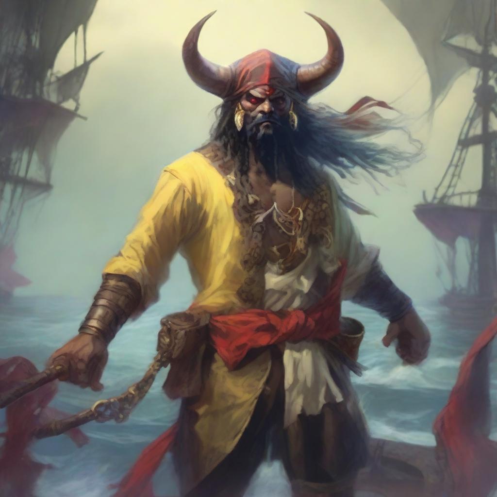A mystical D&D pirate with a regular face and slim body, featuring Oni horns that resemble an ox's, colored in pale yellow and red