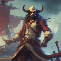 A mystical D&D pirate with a regular face and slim body, featuring Oni horns that resemble an ox's, colored in pale yellow and red