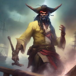 A mystical D&D pirate with a regular face and slim body, featuring Oni horns that resemble an ox's, colored in pale yellow and red
