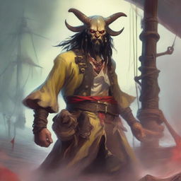 A mystical D&D pirate with a regular face and slim body, featuring Oni horns that resemble an ox's, colored in pale yellow and red