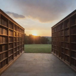 An image of a peaceful landscape at sunset, showing a quiet library filled with books about philosophy, science, culture, and humanities.