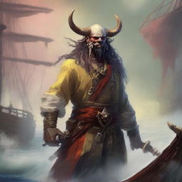 A mystical D&D pirate with a regular face and slim body, featuring Oni horns that resemble an ox's, colored in pale yellow and muddy red