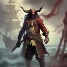 A mystical D&D pirate with a regular face and slim body, featuring Oni horns that resemble an ox's, colored in pale yellow and muddy red