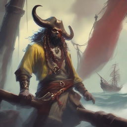 A mystical D&D pirate with a regular face and slim body, featuring Oni horns that resemble an ox's, colored in pale yellow and muddy red