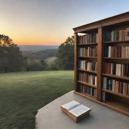 An image of a peaceful landscape at sunset, showing a quiet library filled with books about philosophy, science, culture, and humanities.