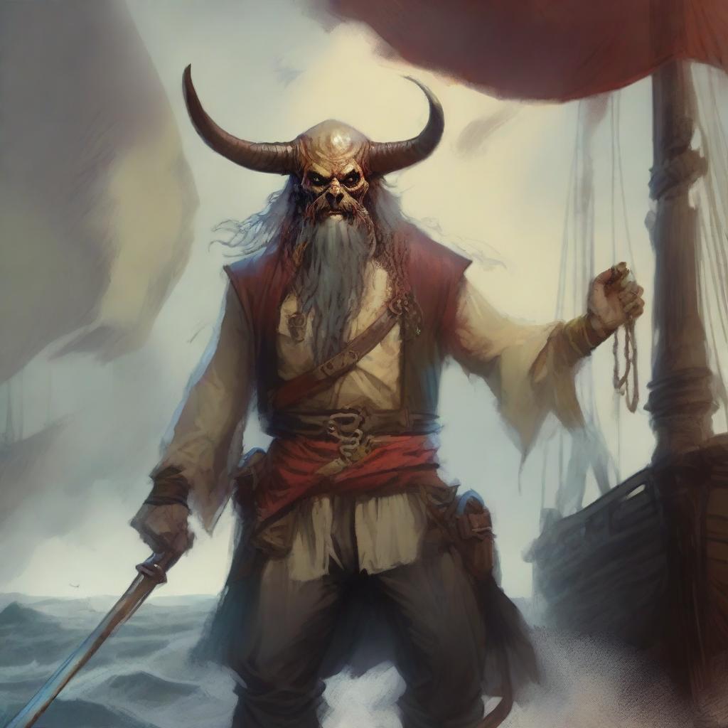 A mystical D&D pirate with a regular face and slim body, featuring Oni horns that resemble an ox's, colored in pale yellow and muddy red