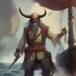 A mystical D&D pirate with a regular face and slim body, featuring Oni horns that resemble an ox's, colored in pale yellow and muddy red