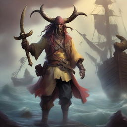 A mystical D&D pirate with a regular face and slim body, featuring Oni horns that resemble an ox's, colored in pale yellow and muddy red
