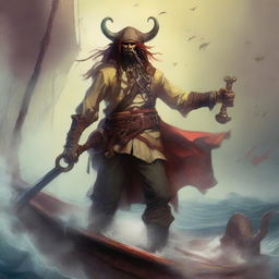 A mystical D&D pirate with a regular face and slim body, featuring Oni horns that resemble an ox's, colored in pale yellow and muddy red