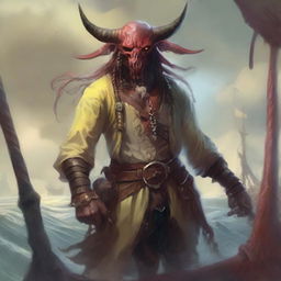 A mystical D&D pirate with a regular face and slim body, featuring Oni horns that resemble an ox's, colored in pale yellow and muddy red