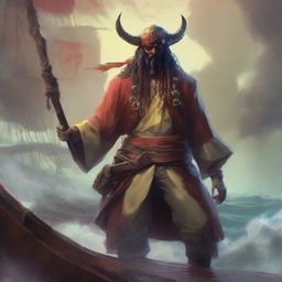 A mystical D&D pirate with a regular face and slim body, featuring Oni horns that resemble an ox's, colored in pale yellow and muddy red