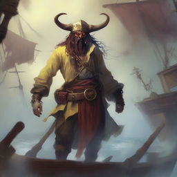 A mystical D&D pirate with a regular face and slim body, featuring Oni horns that resemble an ox's, colored in pale yellow and muddy red